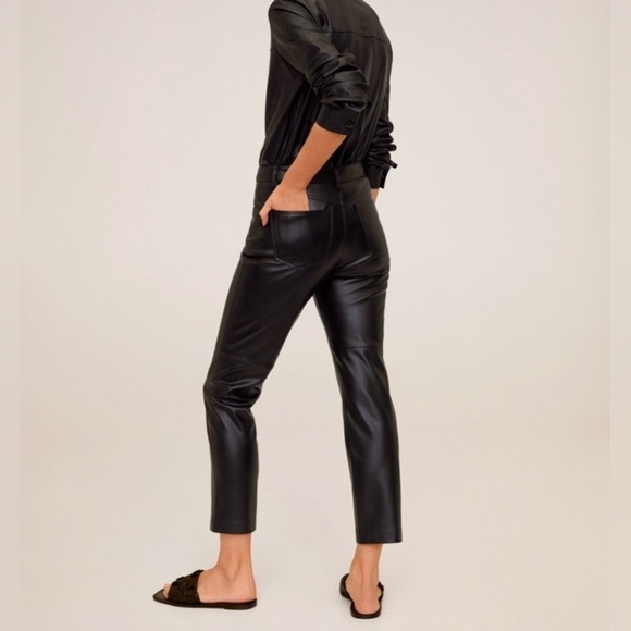Mango MNG Lille Black Vegan Faux Leather Seamed Straight Leg Trouser Pants Sz 4 - Picture 3 of 16